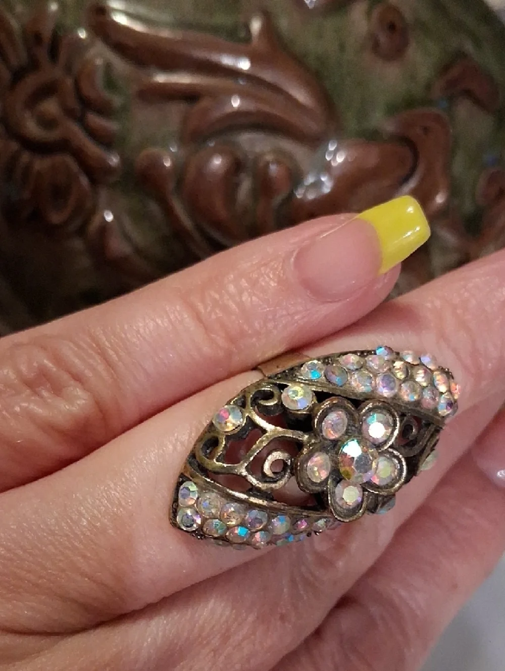 Aurora Crystal Flower Statement Ring - Vintage Gold Tone